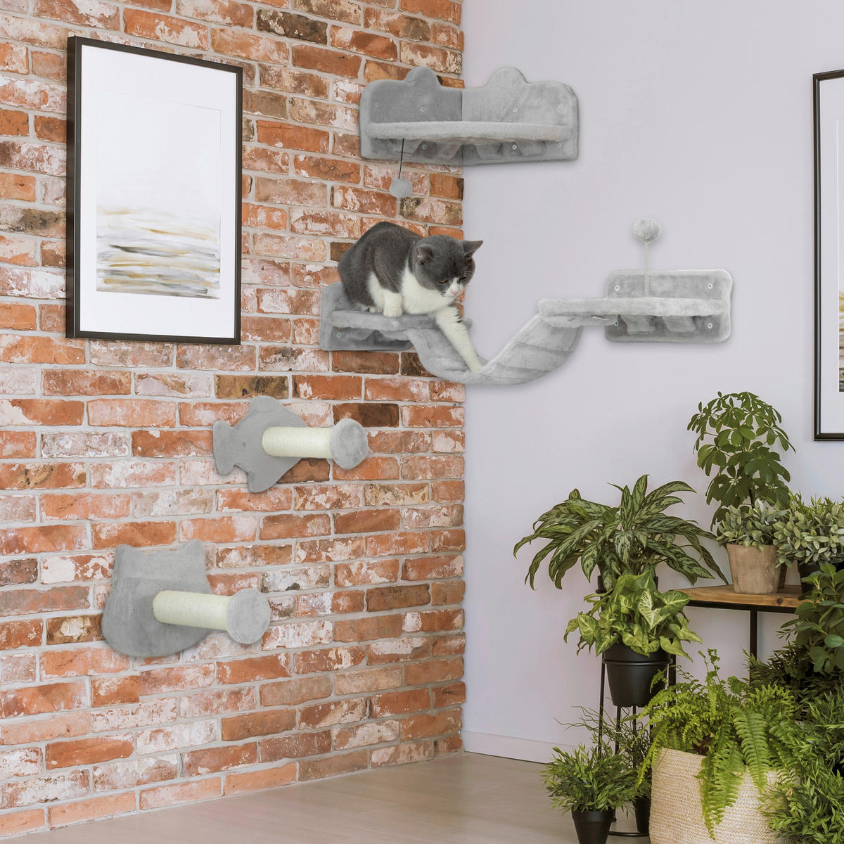PawHut Katzen Kletterwand Set hellgrau Plüsch B/H/L: ca. 26x12,5x90 cm Katzen Kletterwand Set - hellgrau (90,00/26,00/12,50cm) - PawHut