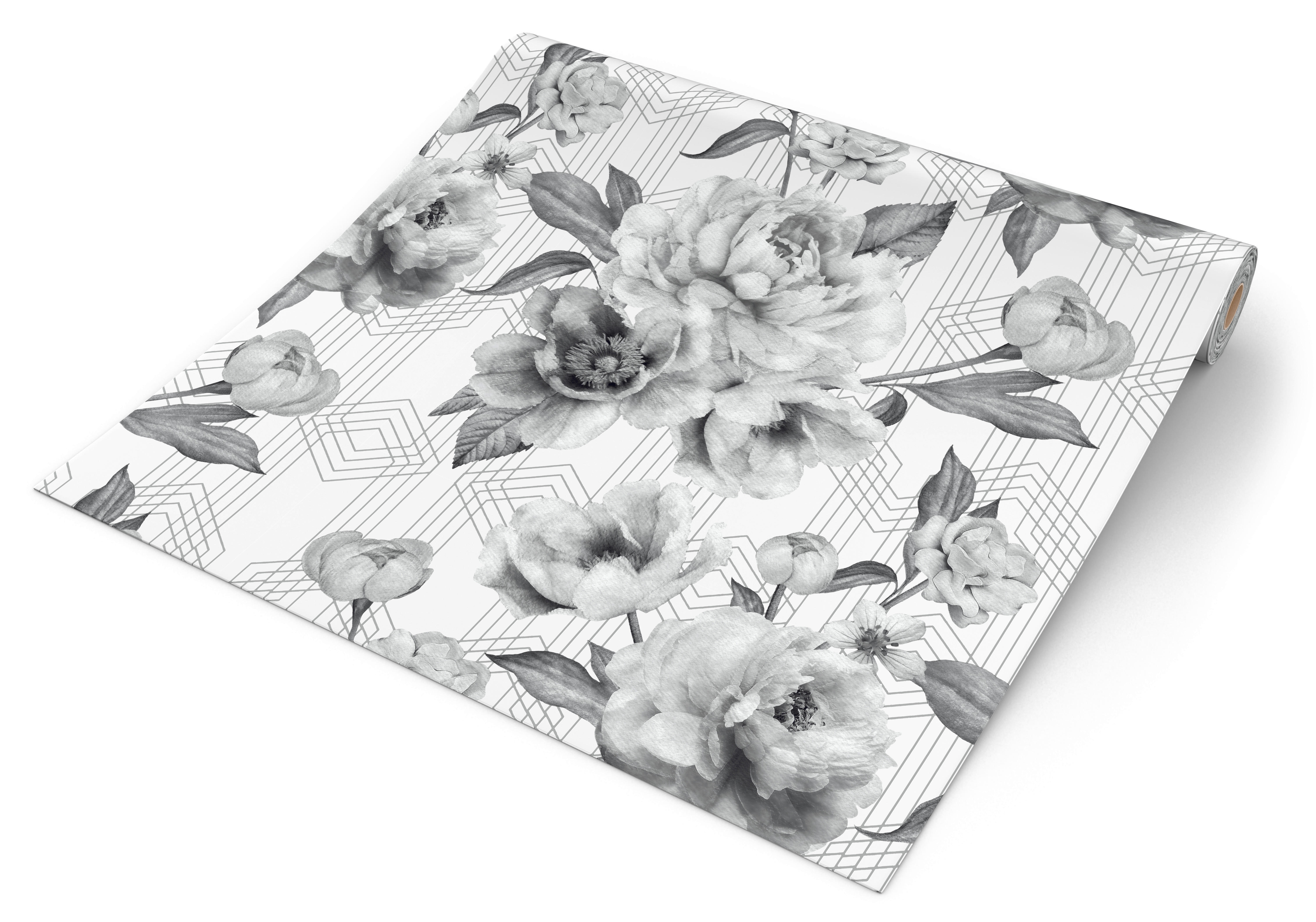 UGEPA Papiertapete Blumen grau weiß B/L: ca. 53x1005 cm glitzernd Papiertapete_A58509 - weiß/grau (53,00/1005,00cm) - UGEPA
