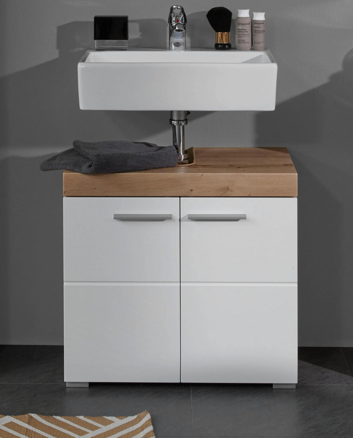 Waschbeckenunterschrank Amanda weiß Hochglanz Asteiche Nachbildung B/H/T: ca. 60x56x34 cm Amanda - weiß (60,00/56,00/34,00cm) - Trendteam