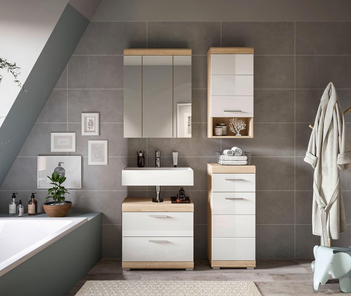 Badezimmer-Set Lambada Eiche Sonoma Nachbildung weiß Hochglanz B/H/T: ca. 112x191x37 cm Lambada - Eiche/weiß (112,00/191,00/37,00cm) - xonox.home
