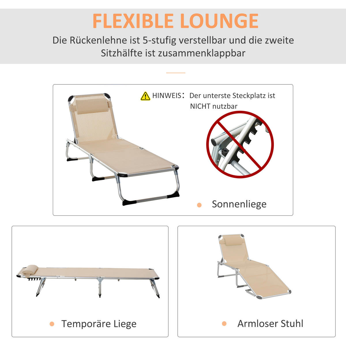 Outsunny Gartenliege beige Aluminium B/H/L: ca. 60x28x189 cm Gartenliege - beige (189,00/60,00/28,00cm) - Outsunny