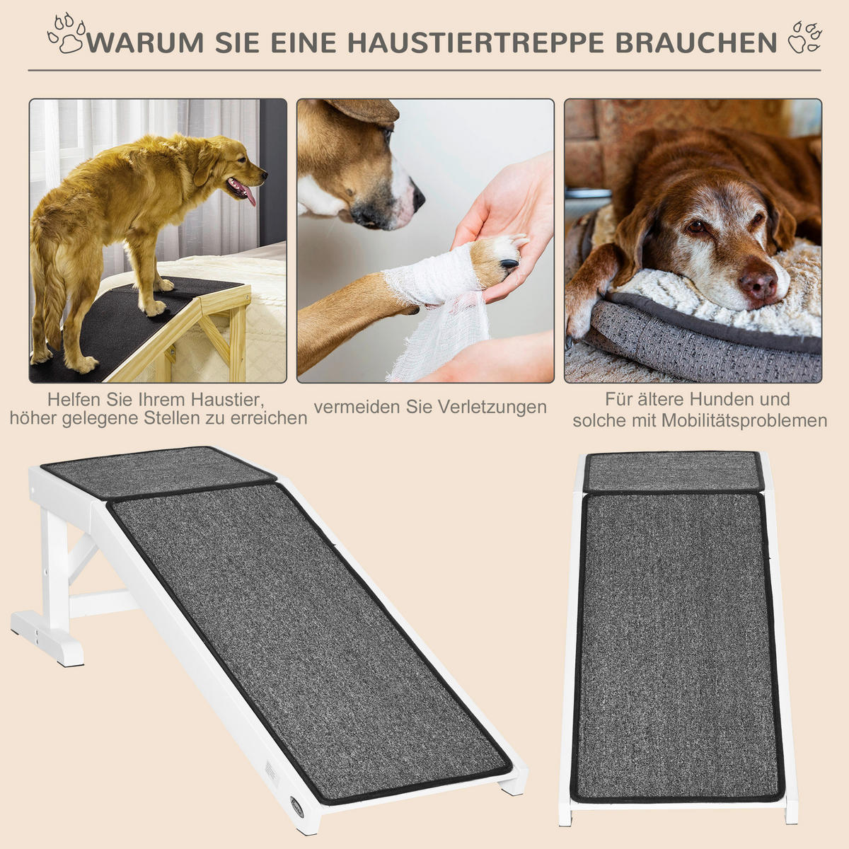 PawHut Haustierrampe m. rutschfestem Teppich weiß Kiefer B/H/L: ca. 40x125x35,5 cm Haustierrampe - weiß/grau (35,50/40,00/125,00cm) - PawHut