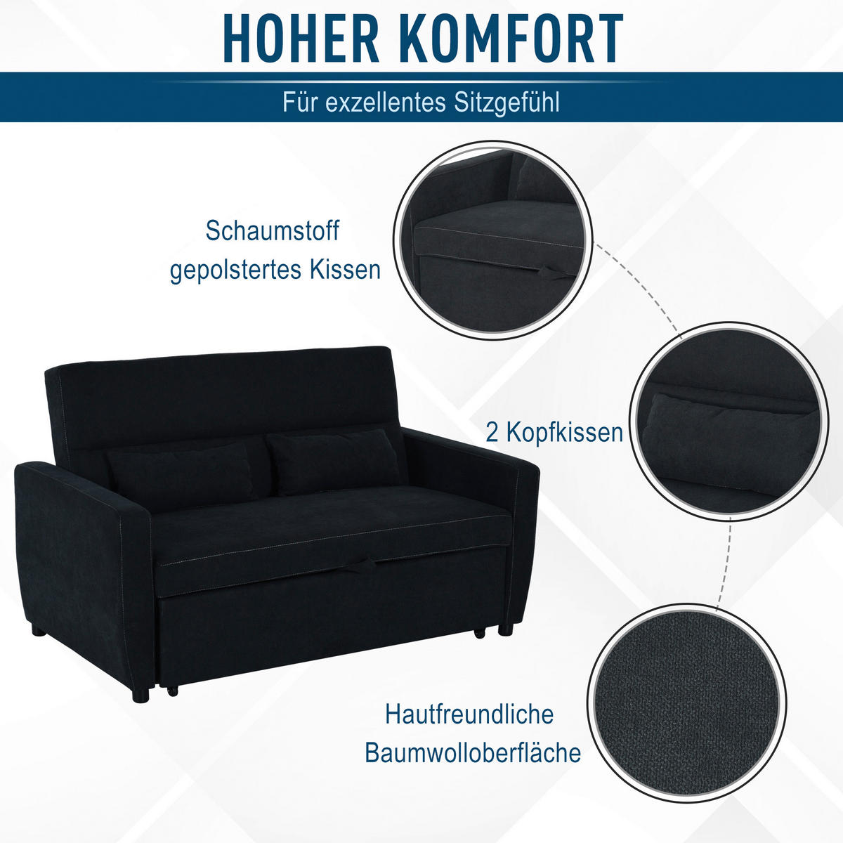 Schlafsofa 833-834 schwarz B/H/T: ca. 148x89x82 cm 833-834 - schwarz (148,00/89,00/82,00cm) - HOMCOM