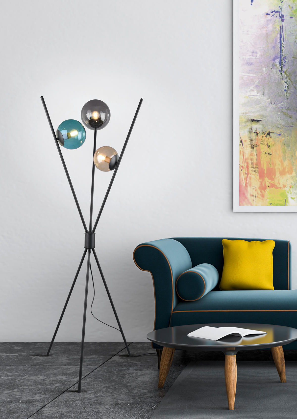 Reality Stehleuchte 403400317 mattschwarz amber türkis Rauch Metall Glas H/D: ca. 156x60 cm E14 3 Brennstellen Lance - mattschwarz/amber (60,00/156,00cm) - Reality