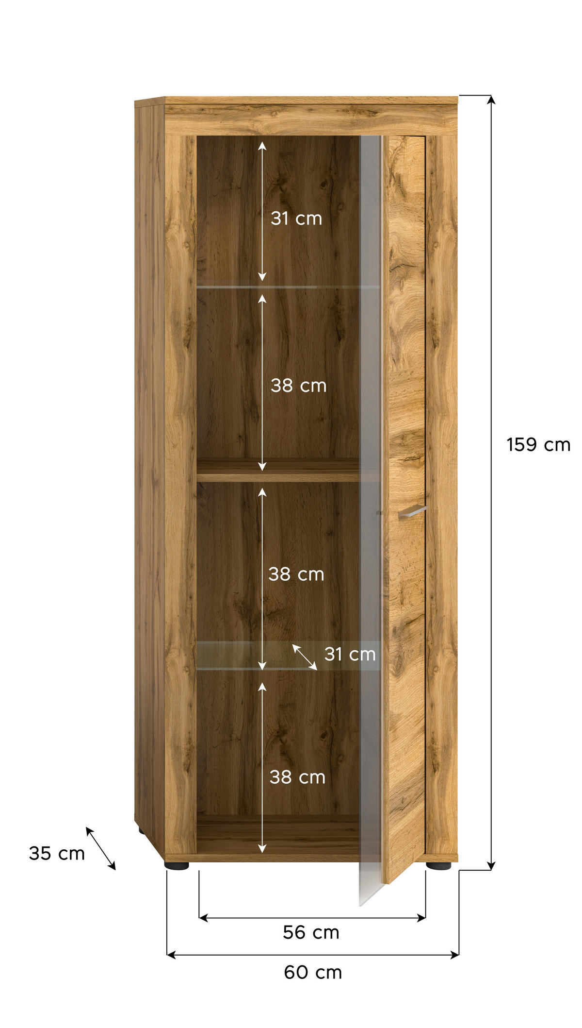 Vitrine Jam Eiche Wotan Nachbildung B/H/T: ca. 60x159x35 cm Jam - Eiche (60,00/159,00/35,00cm) - xonox.home