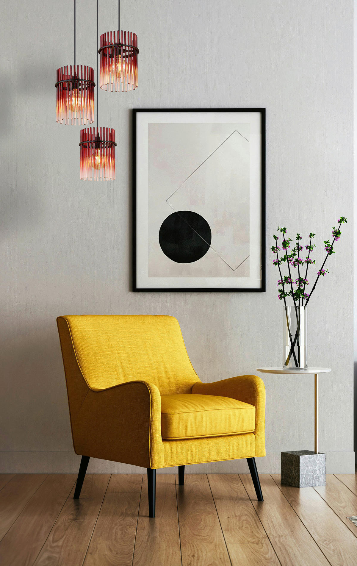 GLOBO Pendelleuchte schwarz rot Metall Glas H/D: ca. 140x47 cm E27 3 Brennstellen Pendelleuchte_Gorley - rot/schwarz (47,00/140,00cm) - GLOBO