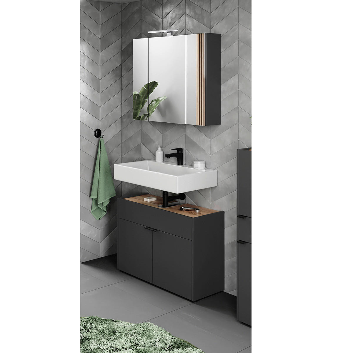 Badezimmer-Set 7839-549 Graphit Eiche Navarra Nachbildung B/H/T: ca. 80x200x34 cm 7839-549 - Eiche/Graphit (80,00/200,00/34,00cm) - Germania