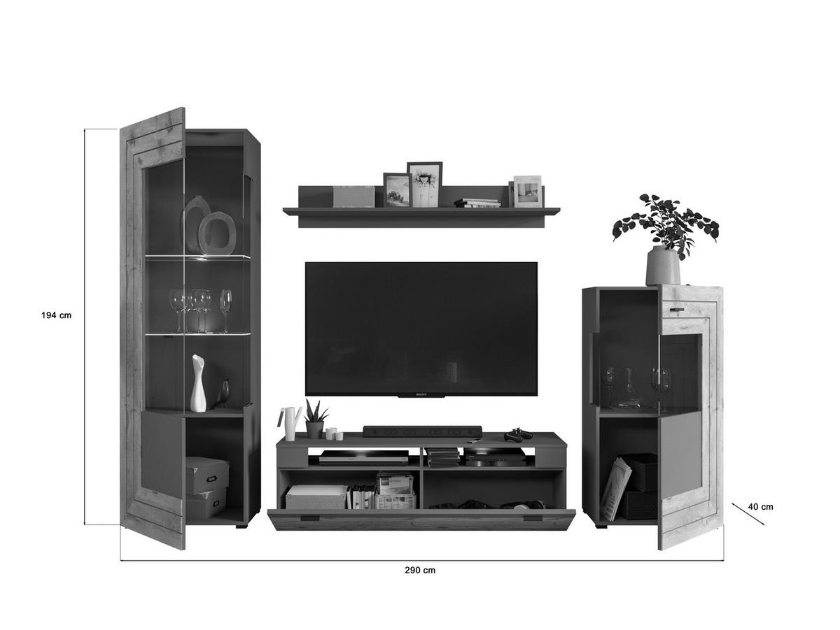Wohnwand Freno grau matt Eiche Nox Oak Nachbildung B/H/T: ca. 290x194x40 cm Freno - Eiche/grau (290,00/194,00/40,00cm) - xonox.home