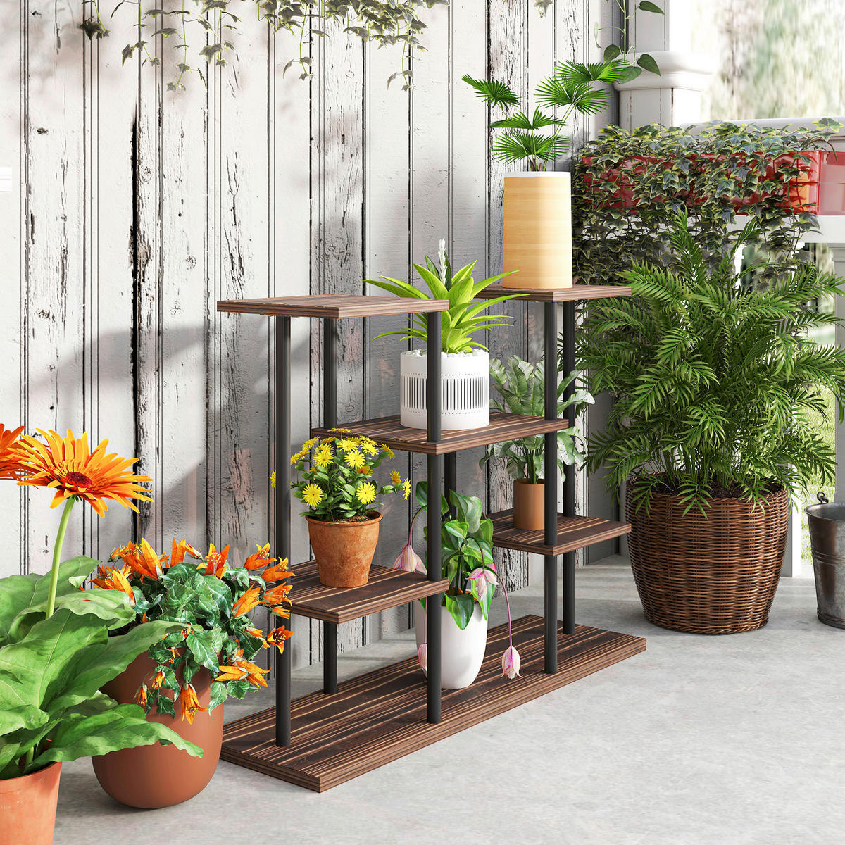Outsunny Blumenständer braun Holz B/H/L: ca. 24x61,5x80 cm Blumenständer - braun/schwarz (80,00/24,00/61,50cm) - Outsunny