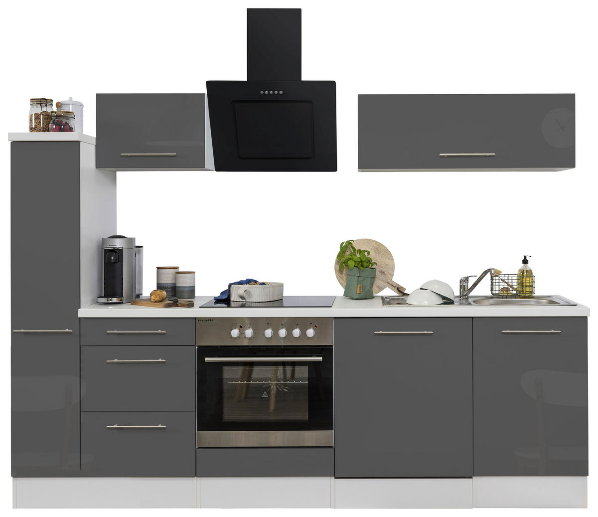 Respekta Küchenblock Amanda grau Hochglanz B/H/T: ca. 250x200x60 cm Amanda - weiß/Edelstahloptik (250,00/200,00/60,00cm) - Respekta