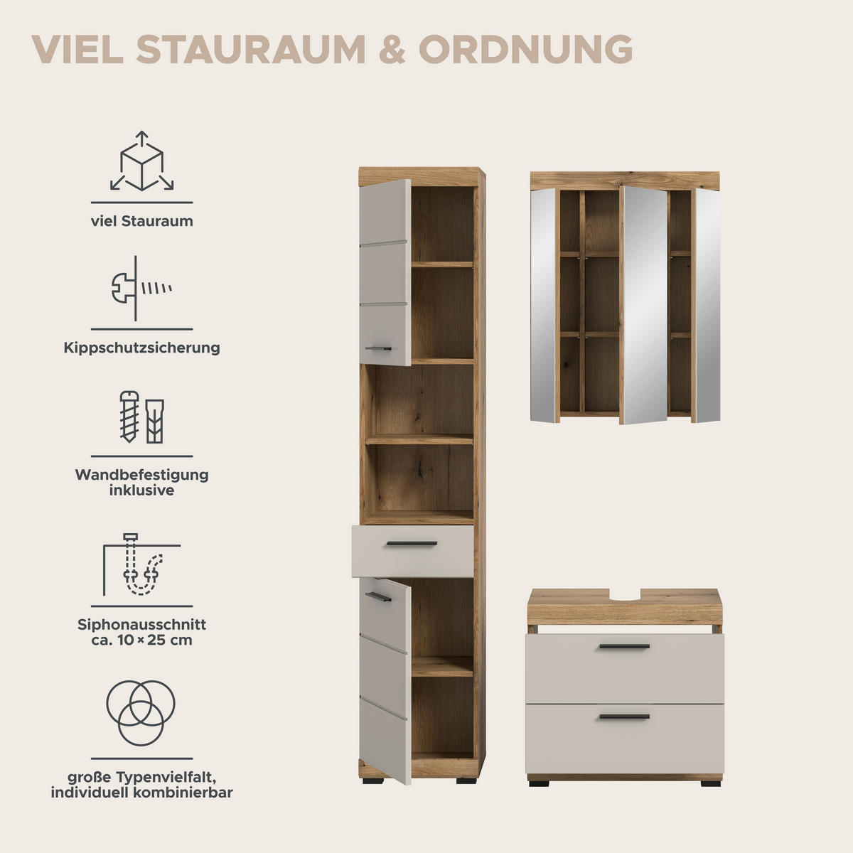 Badezimmer-Set Scout Evoke Oak Nachbildung Kaschmirgrau Nachbildung B/H/T: ca. 112x191x34 cm Scout - Kaschmirgrau (112,00/191,00/34,00cm) - xonox.home