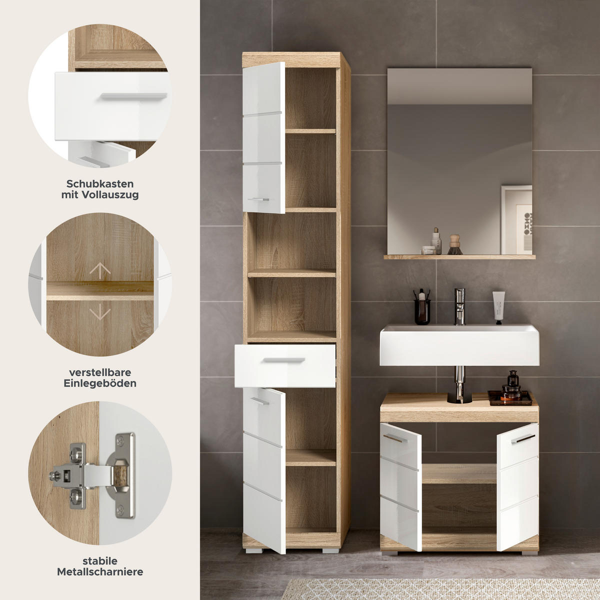 Badezimmer-Set Lambada Eiche Sonoma Nachbildung weiß Hochglanz B/H/T: ca. 112x191x34 cm Lambada - Eiche/weiß (112,00/191,00/34,00cm) - xonox.home