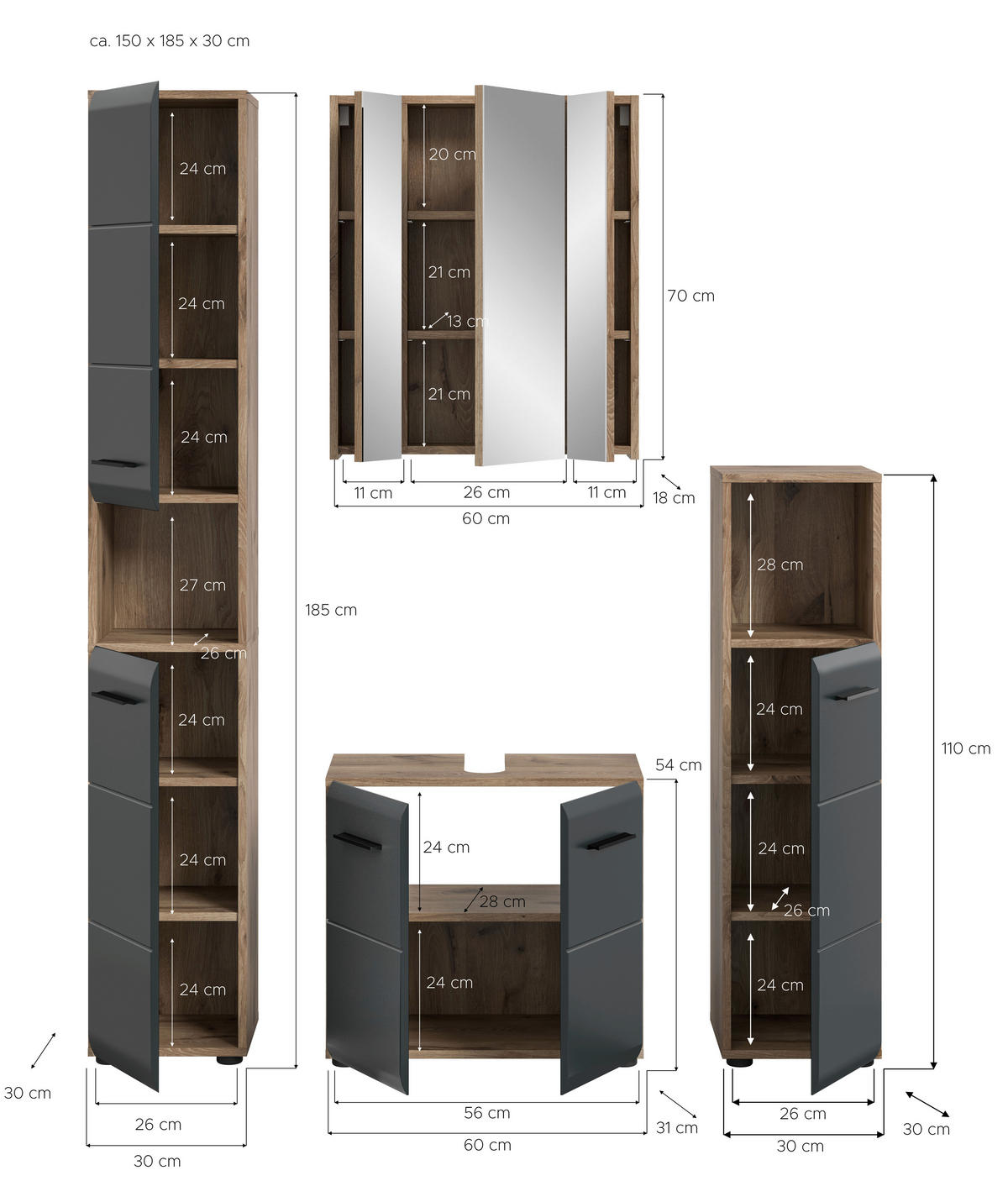 Badezimmer-Set Ice Nox Oak Nachbildung schwarz matt B/H/T: ca. 150x185x30 cm Ice - schwarz (150,00/185,00/30,00cm) - xonox.home