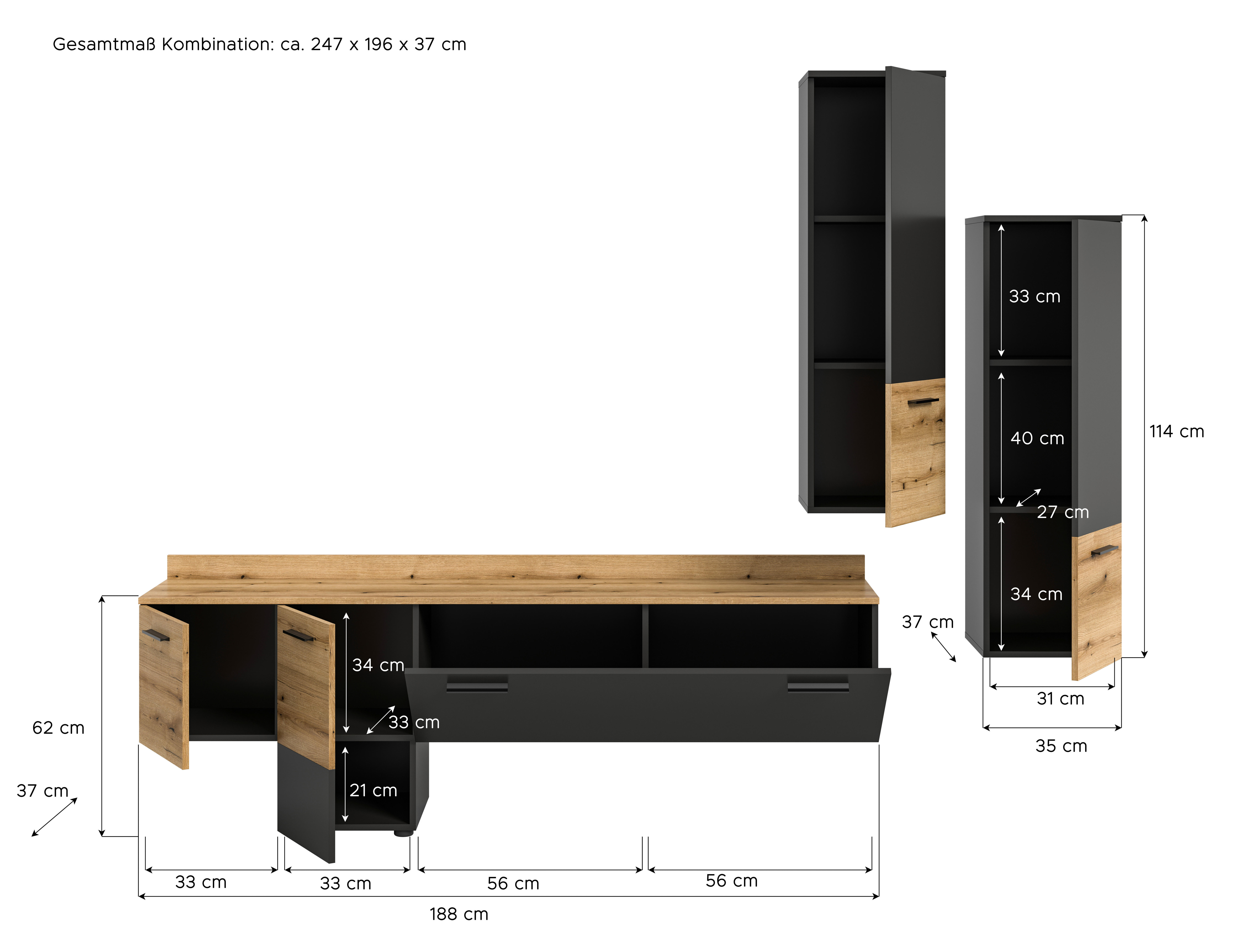 Wohnwand Goal grau Evoke Oak Nachbildung B/H/T: ca. 247x196x37 cm Goal - grau (247,00/196,00/37,00cm) - xonox.home
