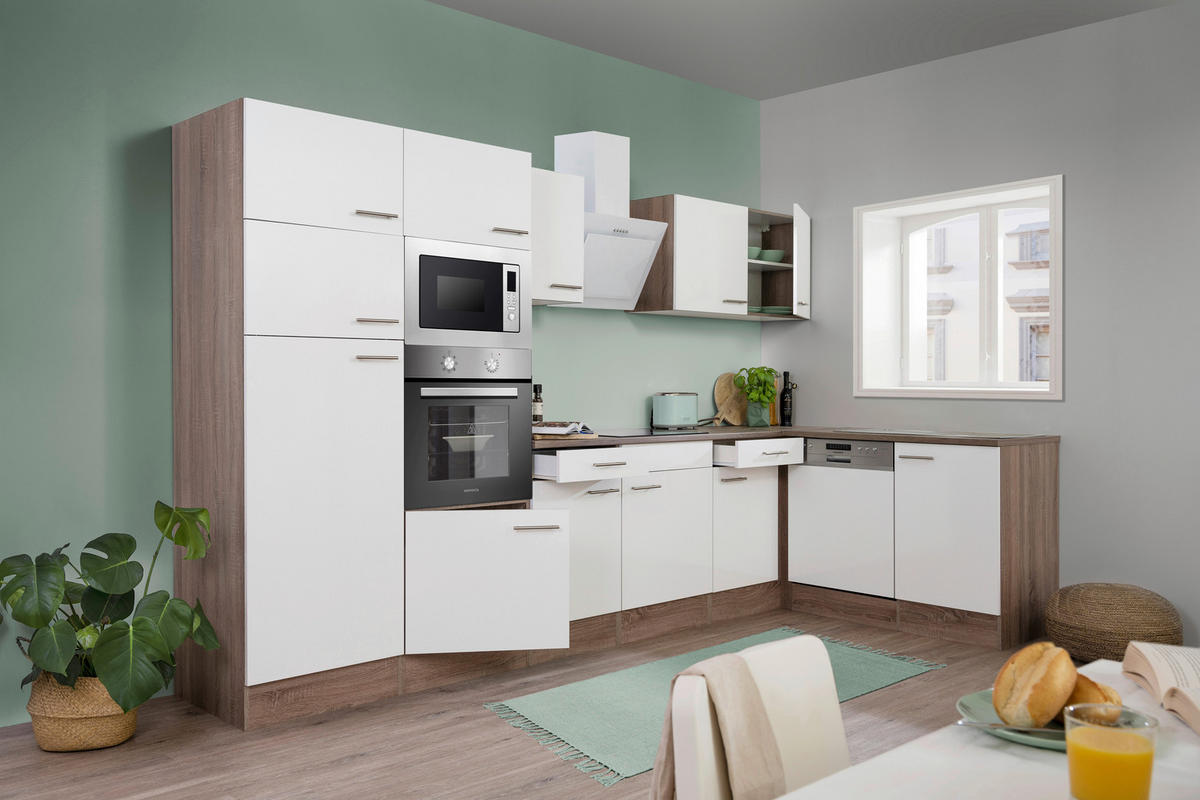 Respekta Winkelküche KBL340EYWMISGKE weiß B/H/T: ca. 340x205x172 cm KBL340EYWMISGKE - Eiche/weiß (340,00/205,00/172,00cm) - Respekta