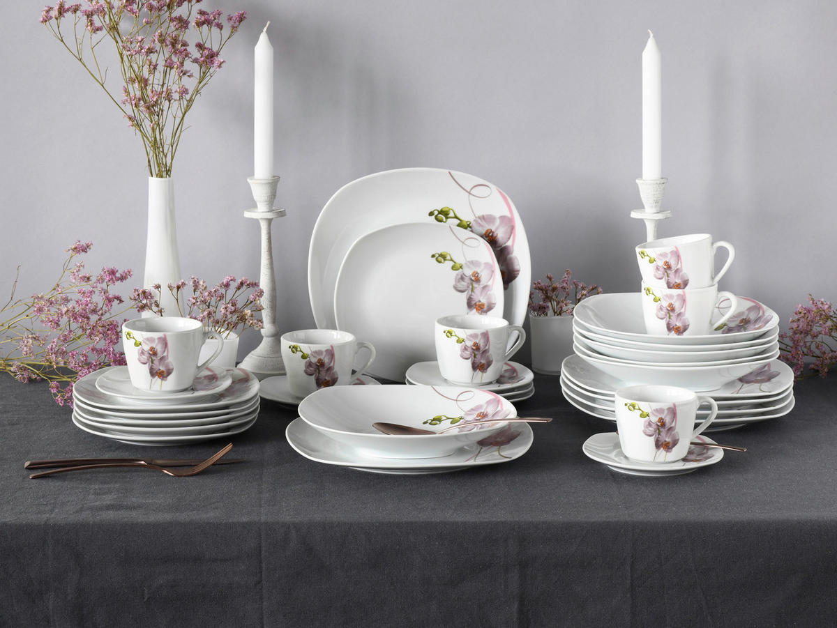 CreaTable Kombiservice Square Orchidee weiß Porzellan 30 tlg. Square Orchidee - weiß/mauve - CreaTable