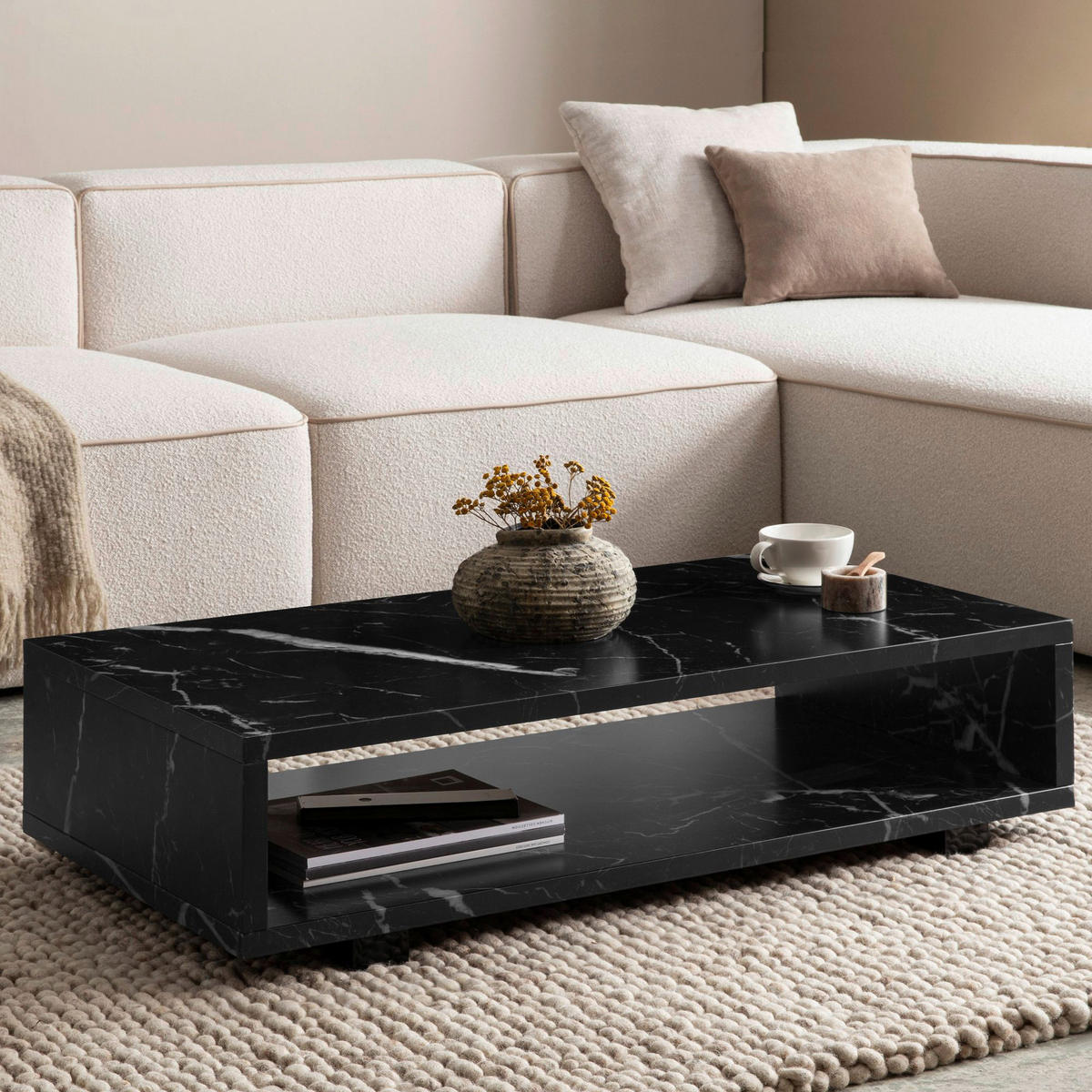 Couchtisch schwarz Marmor Optik B/H/T: ca. 100x25x50 cm Couchtisch - schwarz (100,00/25,00/50,00cm) - Wohnling