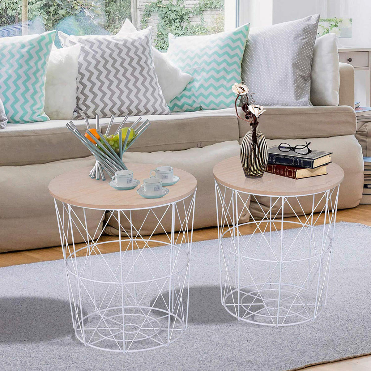 HOMCOM Beistelltische 2teilig natur Metall H/D: ca. 45x40 cm 2teilig - weiß/natur (40,00/45,00cm) - HOMCOM