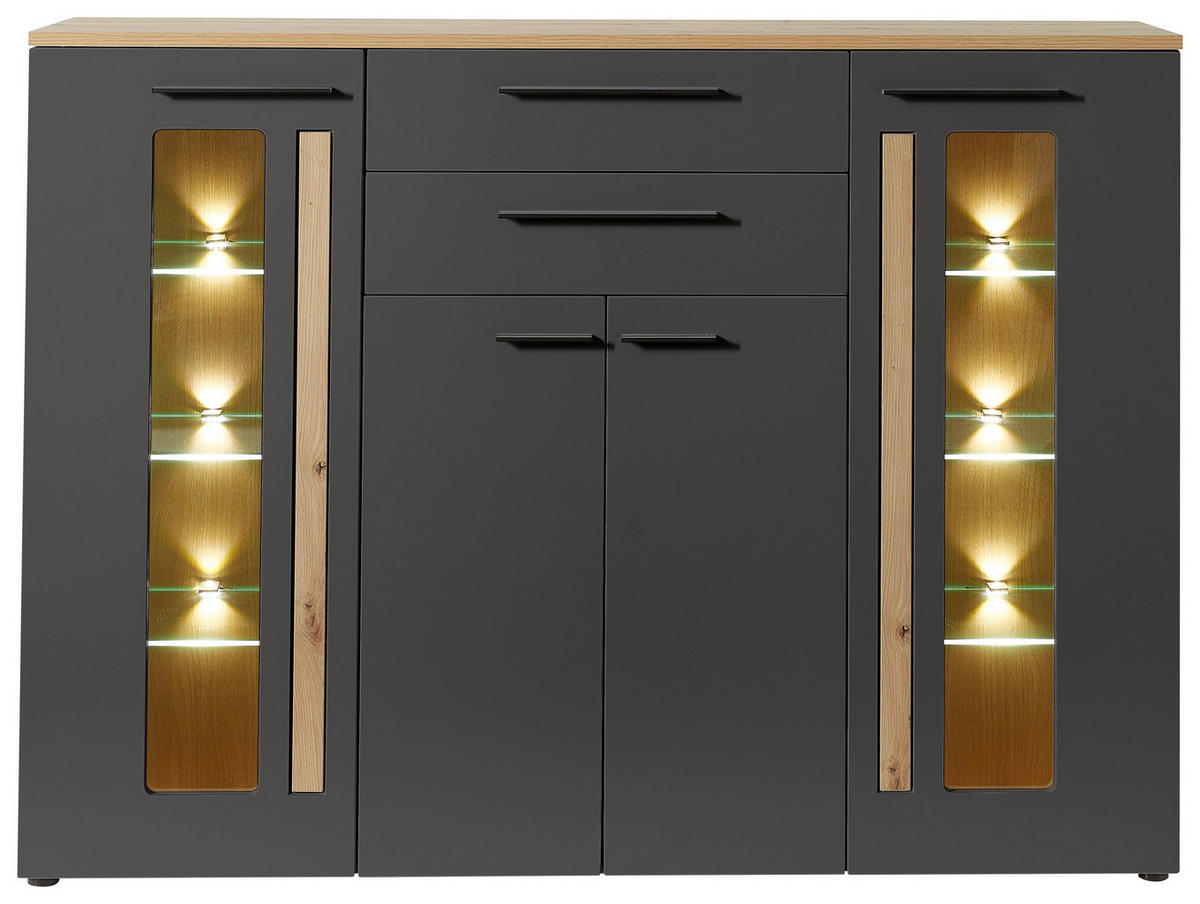 Highboard Loft Two Eiche Artisan Nachbildung Graphit Lacklaminat supermatt B/H/T: ca. 180x133x37 cm Loft Two - Eiche/schwarz (180,00/133,00/37,00cm)