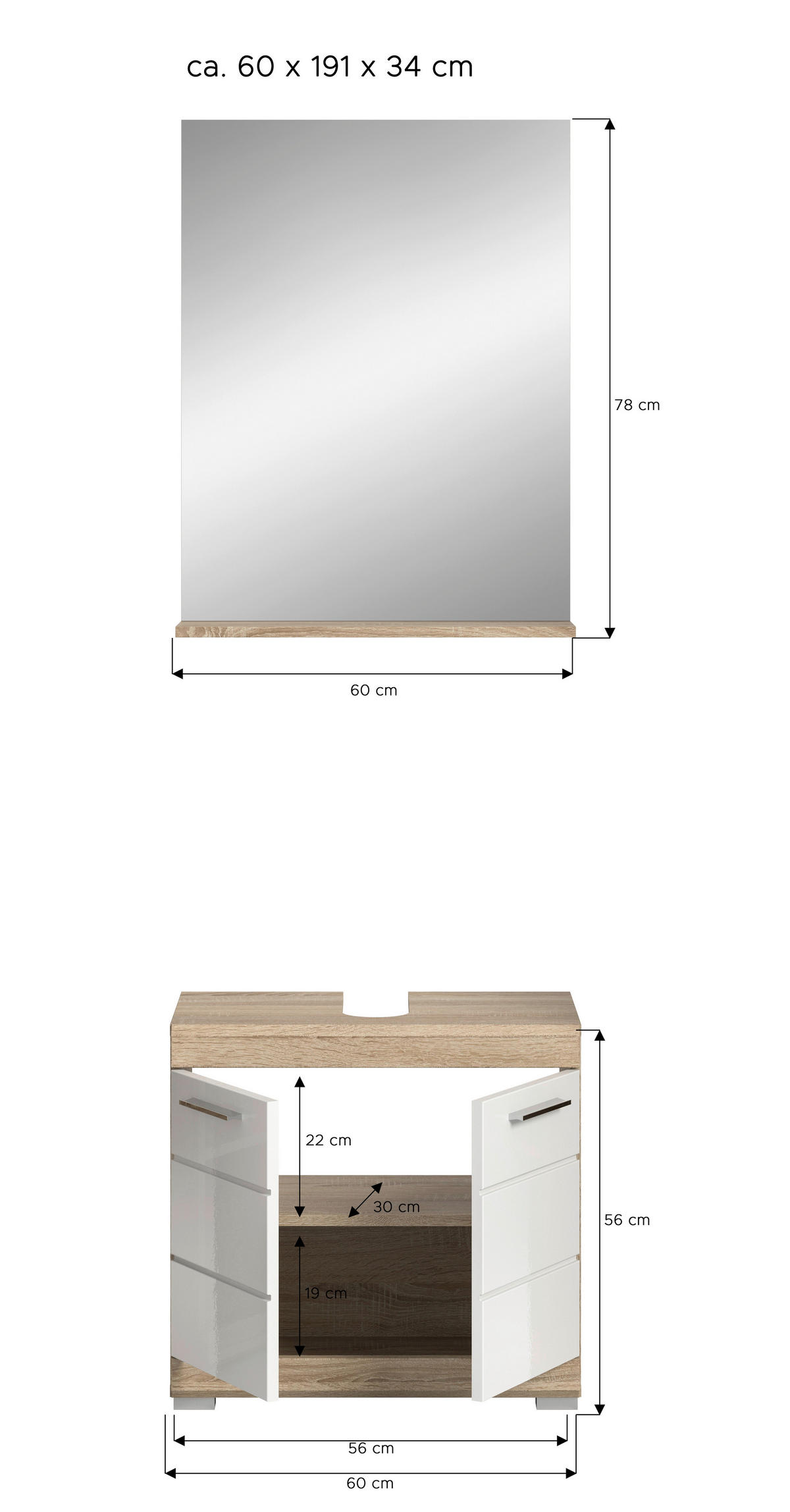 Badezimmer-Set Lambada Eiche Sonoma Nachbildung weiß Hochglanz B/H/T: ca. 60x191x34 cm Lambada - Eiche/weiß (60,00/191,00/34,00cm) - xonox.home
