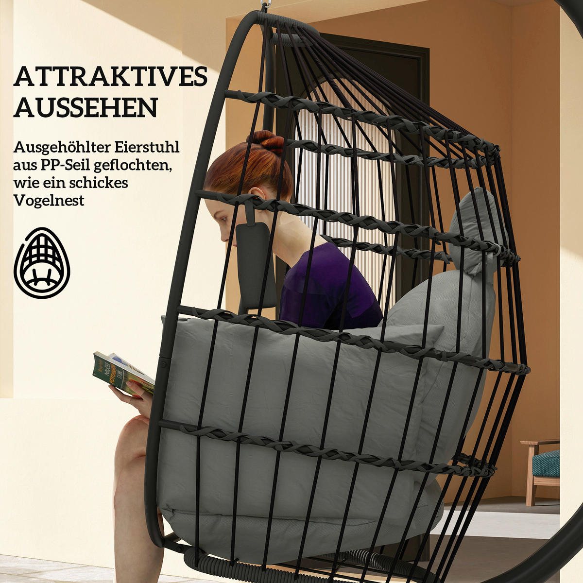 Outsunny Hängesessel schwarz Stahl B/H/L: ca. 88x192x120 cm Hängesessel - schwarz (120,00/88,00/192,00cm) - Outsunny