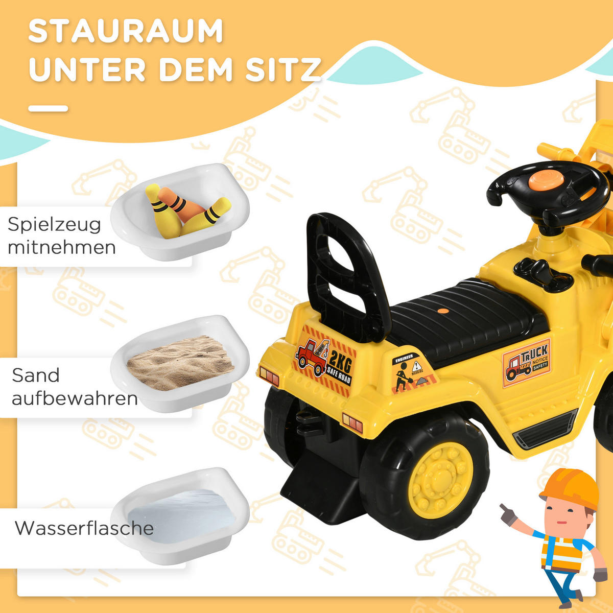 HOMCOM Kinder-Fahrzeug gelb B/H/L: ca. 27x83x39 cm Sitzbagger - gelb/schwarz (39,00/27,00/83,00cm) - HOMCOM