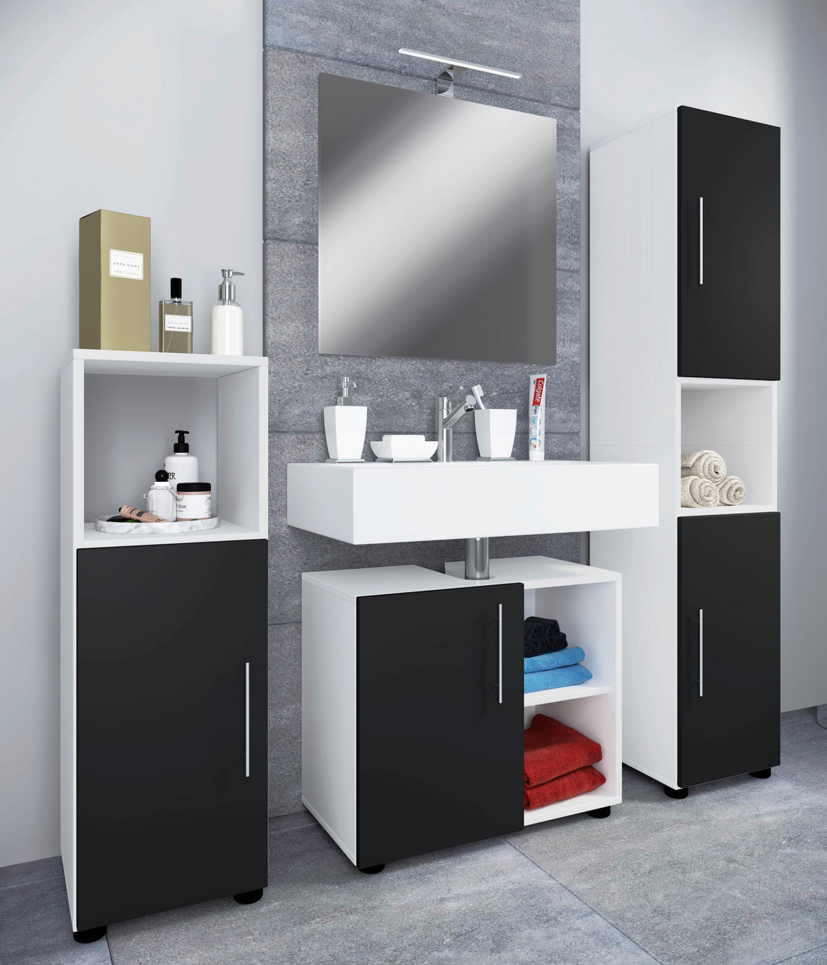 Badezimmer-Set 4tlg-Flandu schwarz weiß 4tlg-Flandu - weiß/schwarz - VCM Möbel