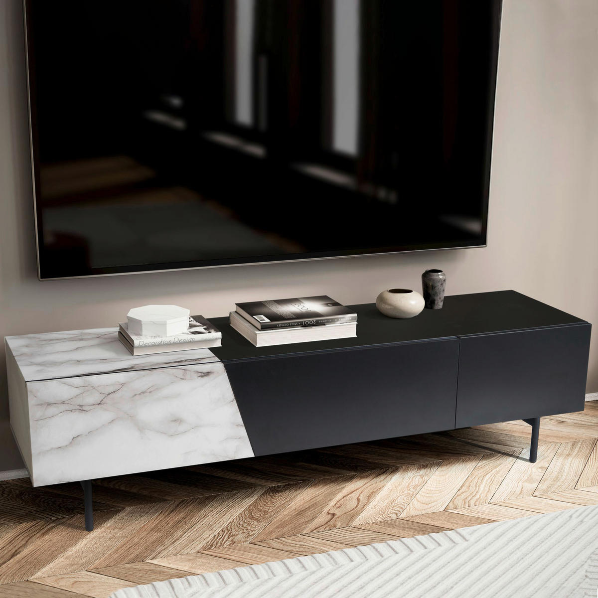 Lowboard weiß Marmor Optik B/H/T: ca. 150x40x40 cm TV & Lowboard - weiß (150,00/40,00/40,00cm) - Wohnling
