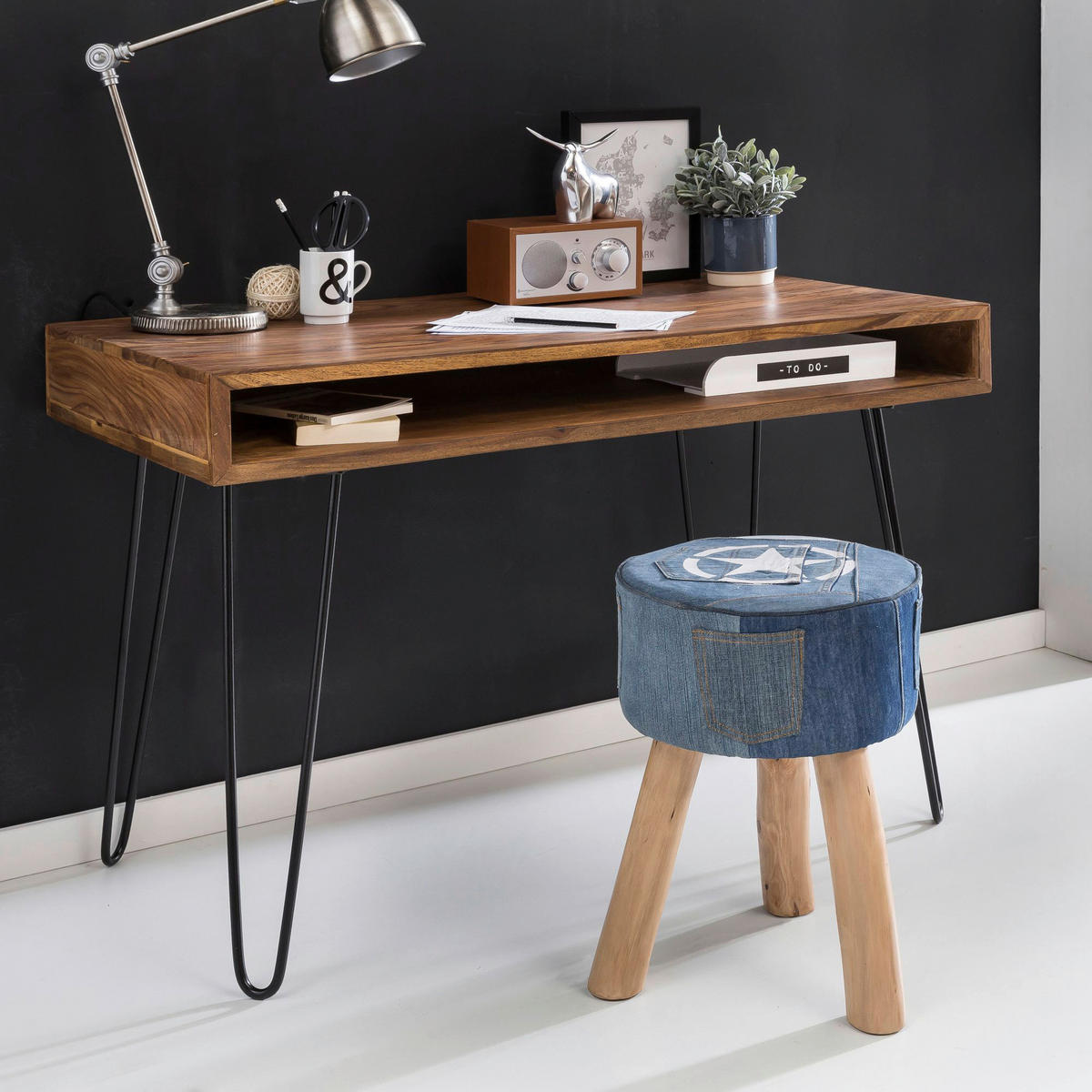 Schreibtisch natur schwarz matt B/H/T: ca. 110x76x60 cm Schreibtisch - natur/schwarz (110,00/76,00/60,00cm) - Wohnling