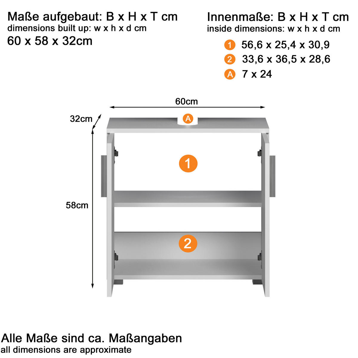 Waschbeckenunterschrank Wons weiß Hochglanz weiß matt B/H/T: ca. 60x58x34 cm Wons - weiß (60,00/58,00/34,00cm) - Trendteam
