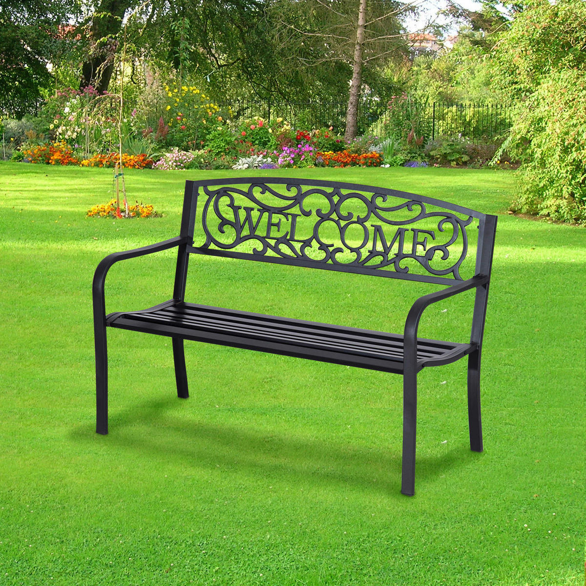 Outsunny Gartenbank schwarz Eisen B/H/L: ca. 60x85x126 cm Gartenbank - schwarz (126,00/60,00/85,00cm) - Outsunny