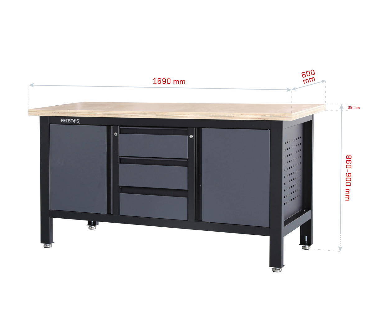 Feistos Werkbank Heros schwarz Metall B/H/L: ca. 169x87x60 cm Heros - schwarz/anthrazit (60,00/169,00/87,00cm) - Feistos