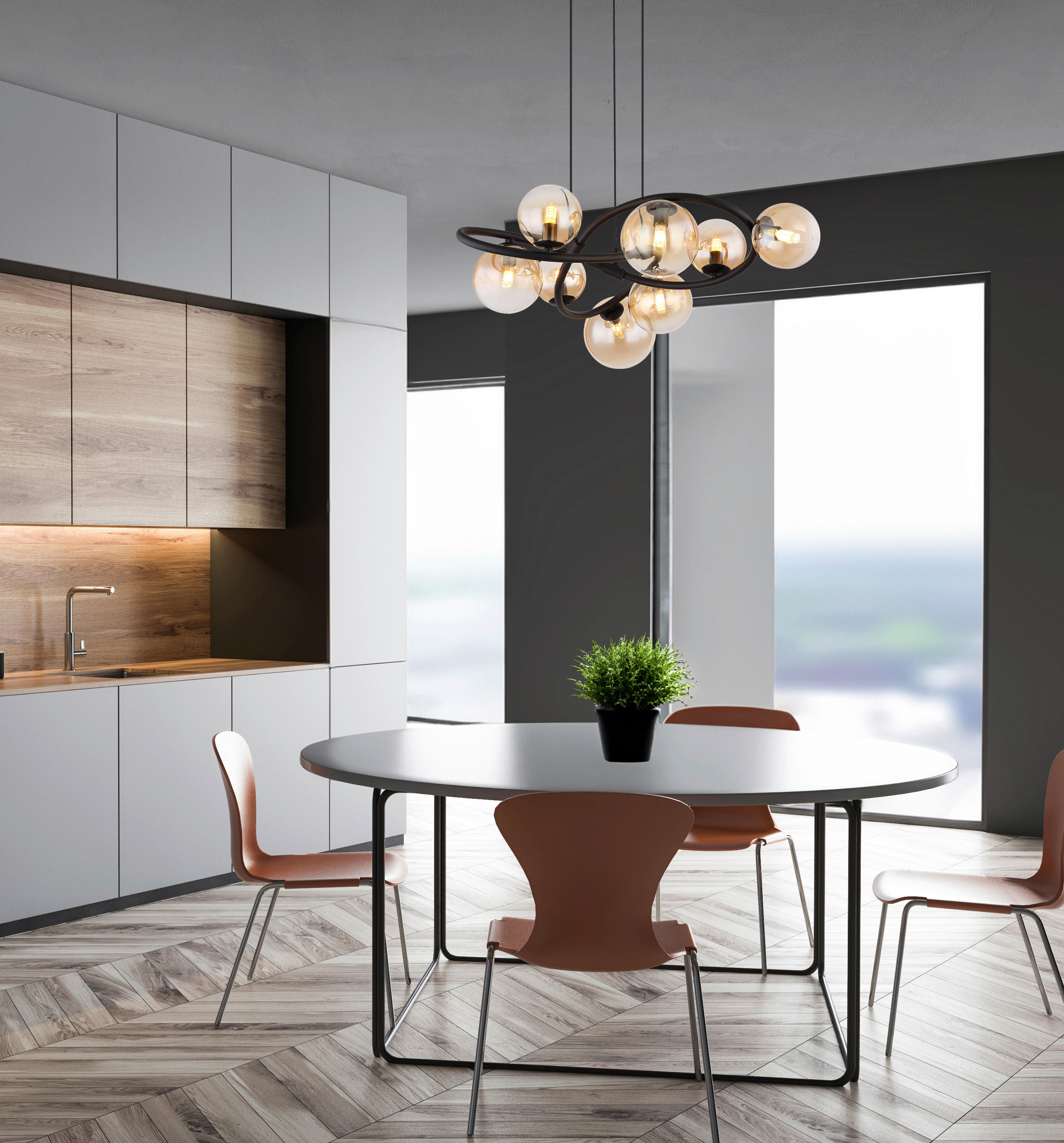 GLOBO LED-Pendelleuchte 10676 mattschwarz amber Metall Glas H/D: ca. 120x65 cm 8.0 Brennstellen TUBERIUS - mattschwarz/amber (65,00/120,00cm) - GLOBO