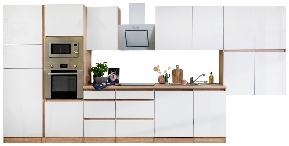 Respekta Küchenblock Premium weiß hochglänzend B/H/T: ca. 445x220,5x60 cm Premium - Eiche/weiß (445,00/220,50/60,00cm) - Respekta