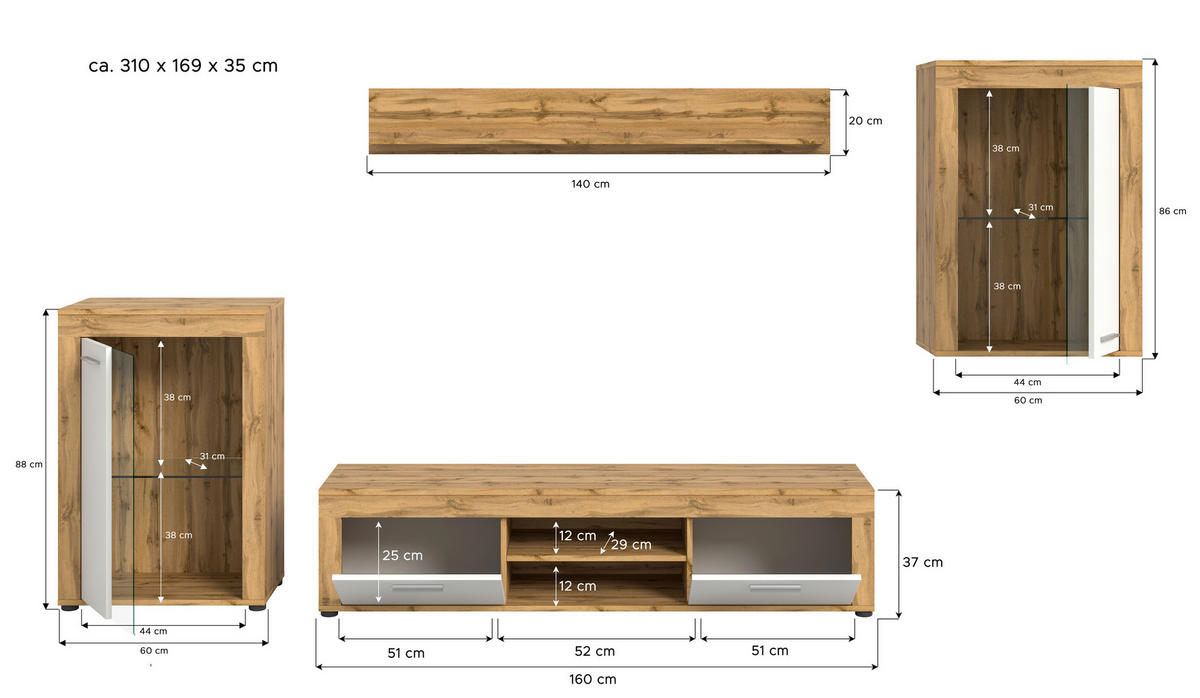 Wohnwand Jam Eiche Wotan Nachbildung weiß B/H/T: ca. 310x169x35 cm Jam - Eiche/weiß (310,00/169,00/35,00cm) - xonox.home
