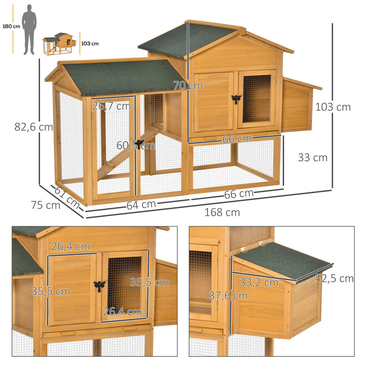 PawHut Stall grün Holz B/H/L: ca. 75x168x103 cm Hühnerstall - gelb/grün (103,00/75,00/168,00cm) - PawHut