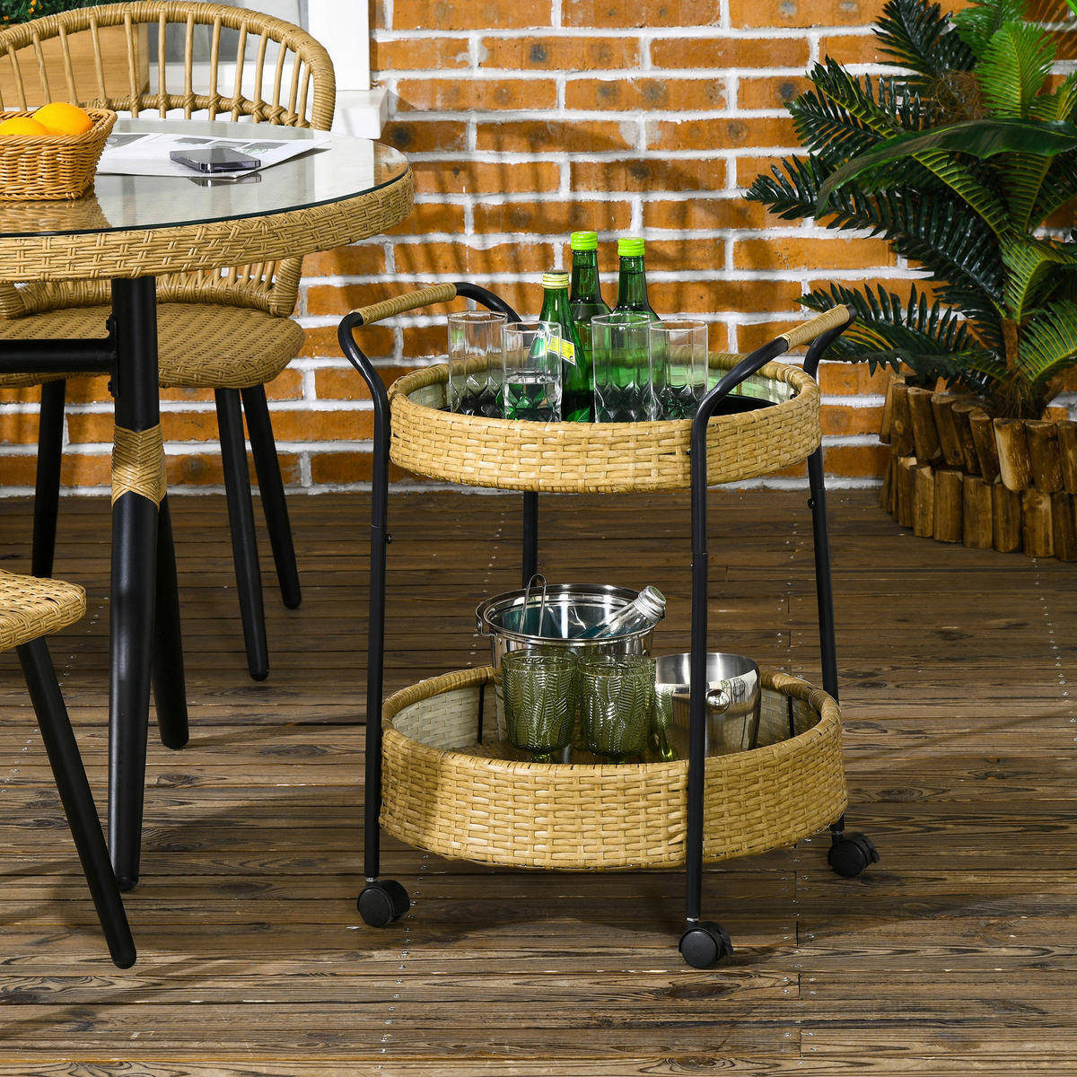 Outsunny Servierwagen gelb Edelstahl B/H/L: ca. 50x50x66 cm Rattan_Serving_Cart - gelb (66,00/50,00/50,00cm) - Outsunny