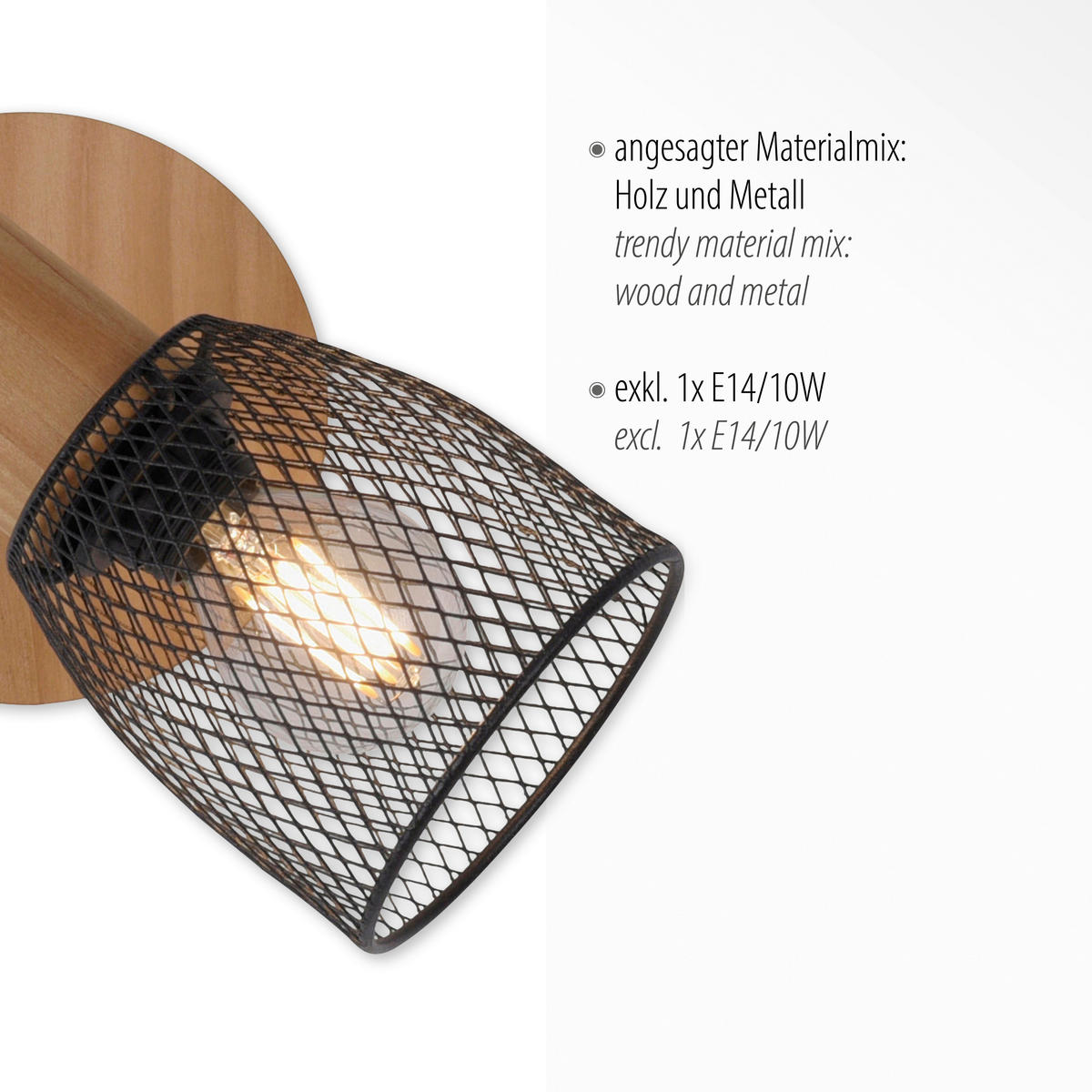 Just Light Spot TAMIS 15191-79 schwarz natur Holz Metall B/H/T: ca. 17x21x17 cm E14 1 Brennstellen TAMIS - natur/schwarz (17,00/21,00/17,00cm) - Just Light
