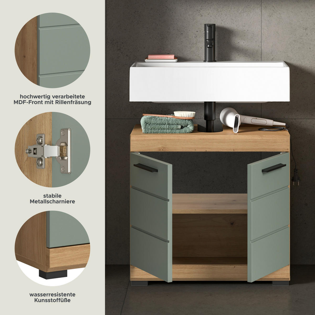 Waschbeckenunterschrank Scout Eiche Artisan Nachbildung salbei Nachbildung B/H/T: ca. 60x56x34 cm Scout - Eiche/salbei (60,00/56,00/34,00cm) - xonox.home