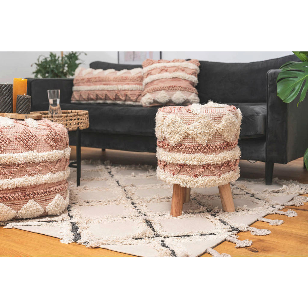 Thumbnail - 360 Living Hocker Bohist 200 rosa creme Baumwolle Baumwolle Holz H/D: ca. 50x38 cm