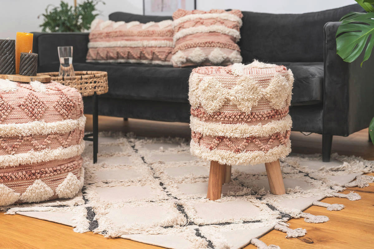 360 Living Hocker Bohist 200 rosa creme Baumwolle Baumwolle Holz H/D: ca. 50x38 cm Bohist 200 - creme/rosa (38,00/50,00cm) - 360 Living