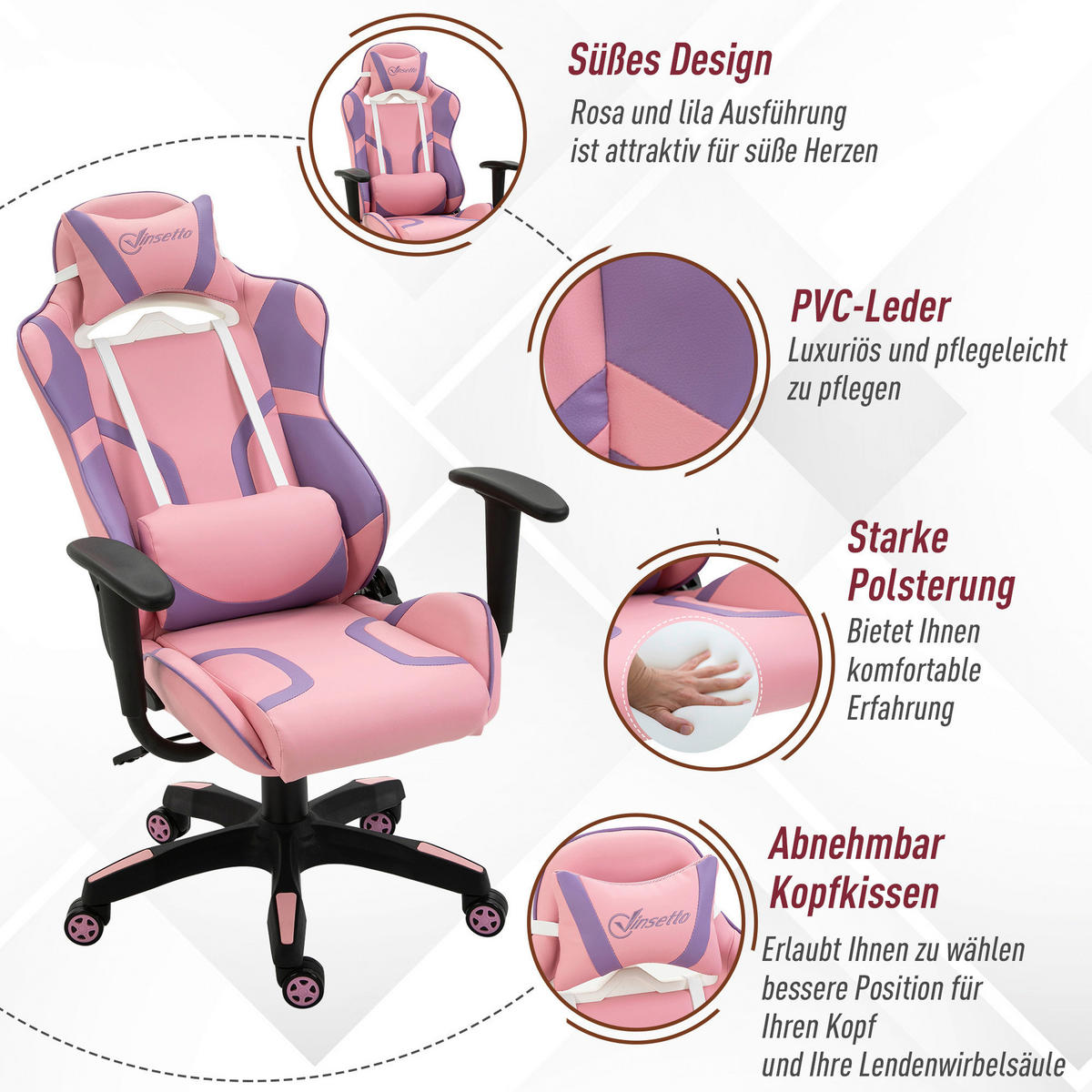 Gaming-Sessel 921-201 rosa 921-201 - rosa (69,00/125,50/56,00cm) - Vinsetto
