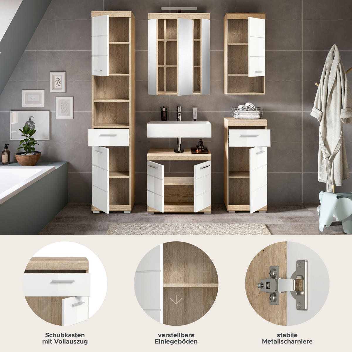 Badezimmer-Set Lambada Eiche Sonoma Nachbildung weiß Hochglanz B/H/T: ca. 164x191x34 cm Lambada - Eiche/weiß (164,00/191,00/34,00cm) - xonox.home