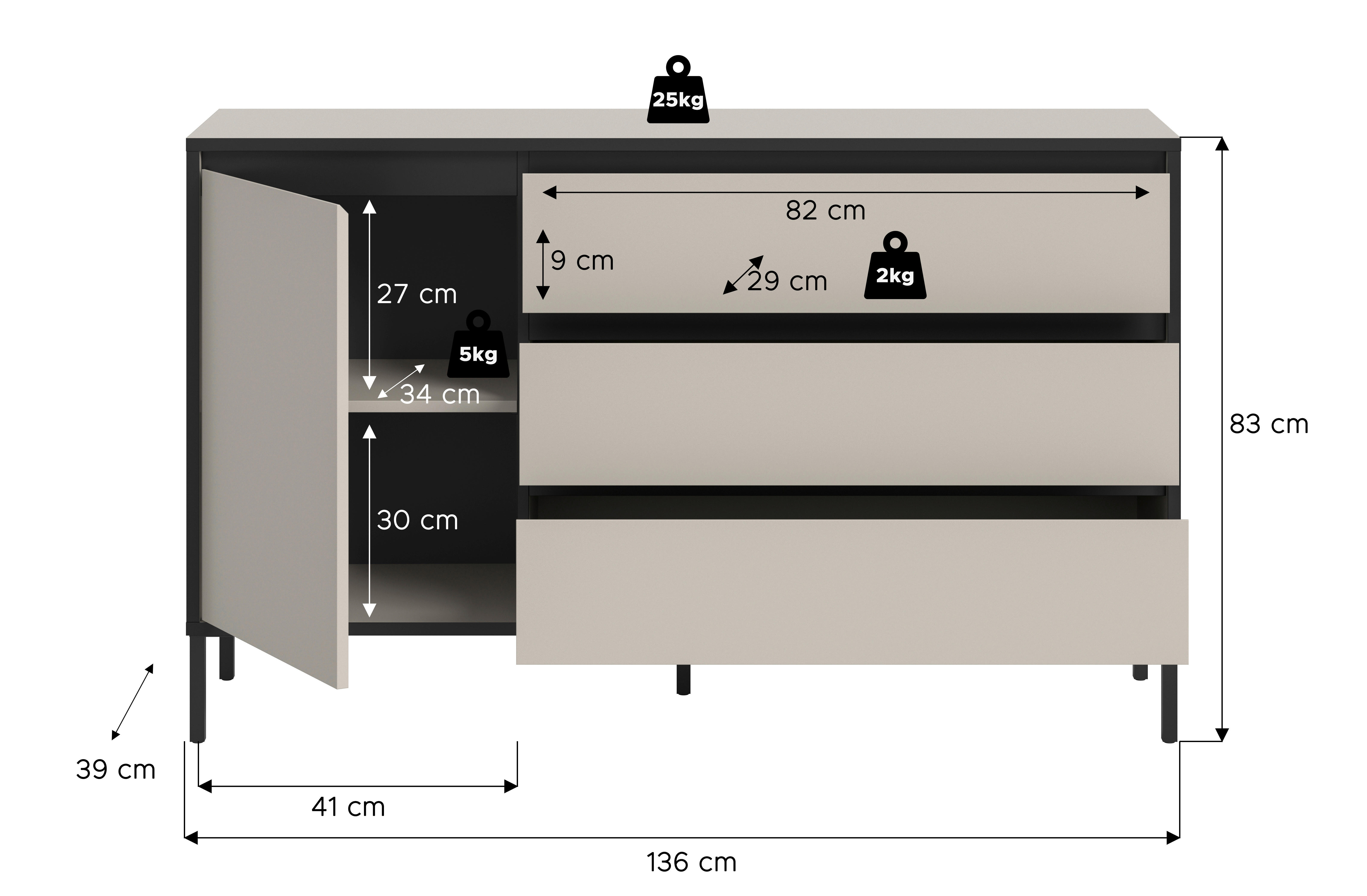 Sideboard Tron Kaschmirgrau Nachbildung schwarz B/H/T: ca. 136x83x38 cm Tron - schwarz (136,00/83,00/38,00cm) - xonox.home