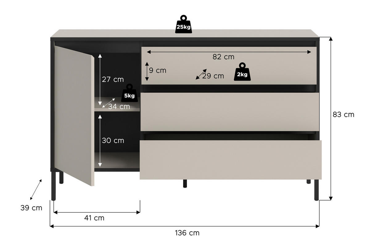 Sideboard Tron Kaschmirgrau Nachbildung schwarz B/H/T: ca. 136x83x38 cm Tron - schwarz (136,00/83,00/38,00cm) - xonox.home