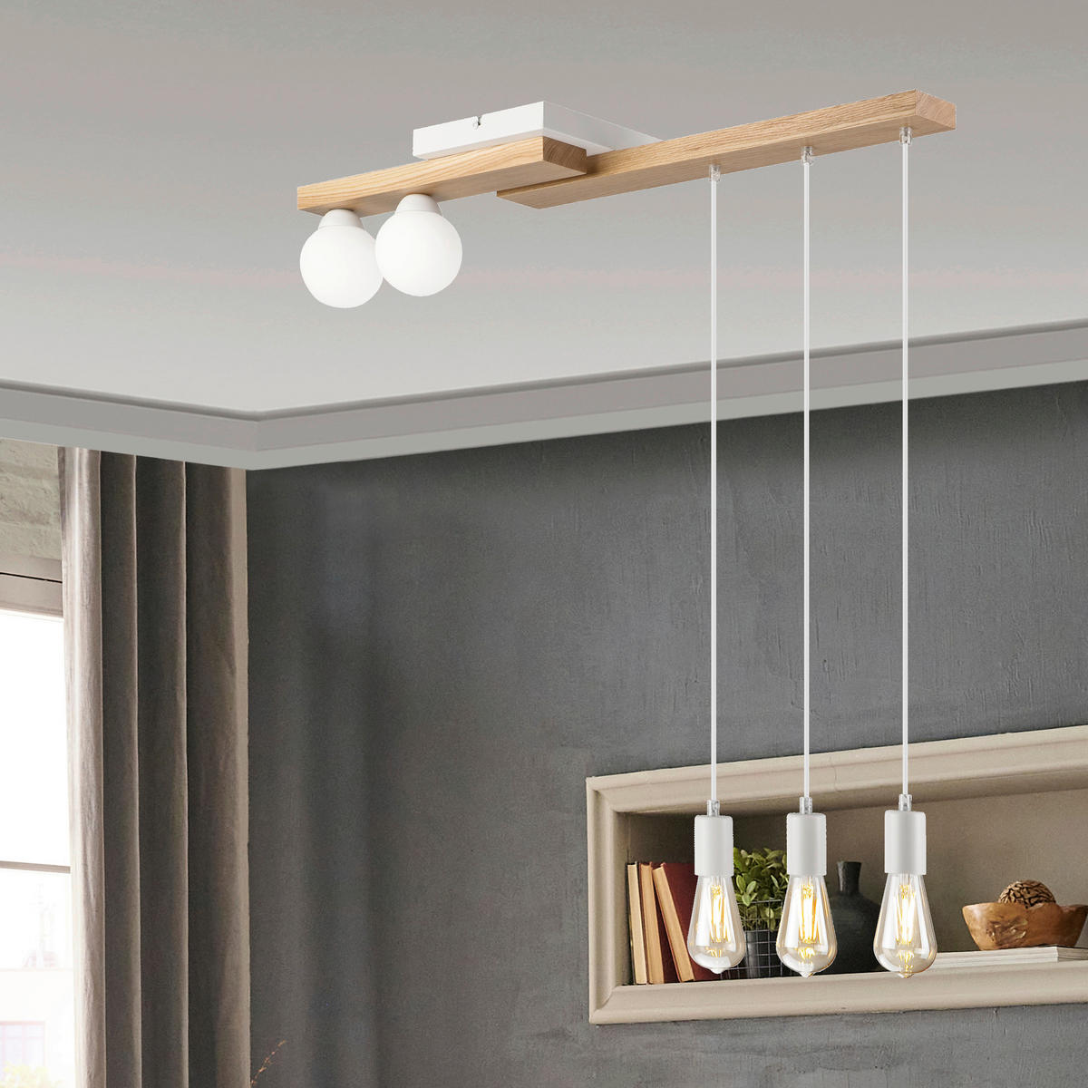 Lamkur Pendelleuchte weiß Holz B/H/L: ca. 20x86x84 cm G9 2 Brennstellen CORTINA - weiß (84,00/20,00/86,00cm) - Lamkur