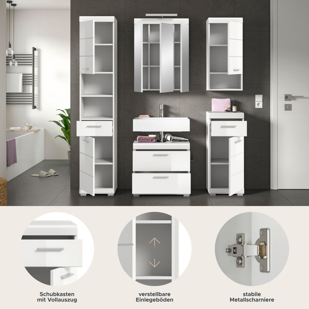 Badezimmer-Set Scout weiß weiß Hochglanz B/H/T: ca. 164x191x37 cm Scout - weiß (164,00/191,00/37,00cm) - xonox.home