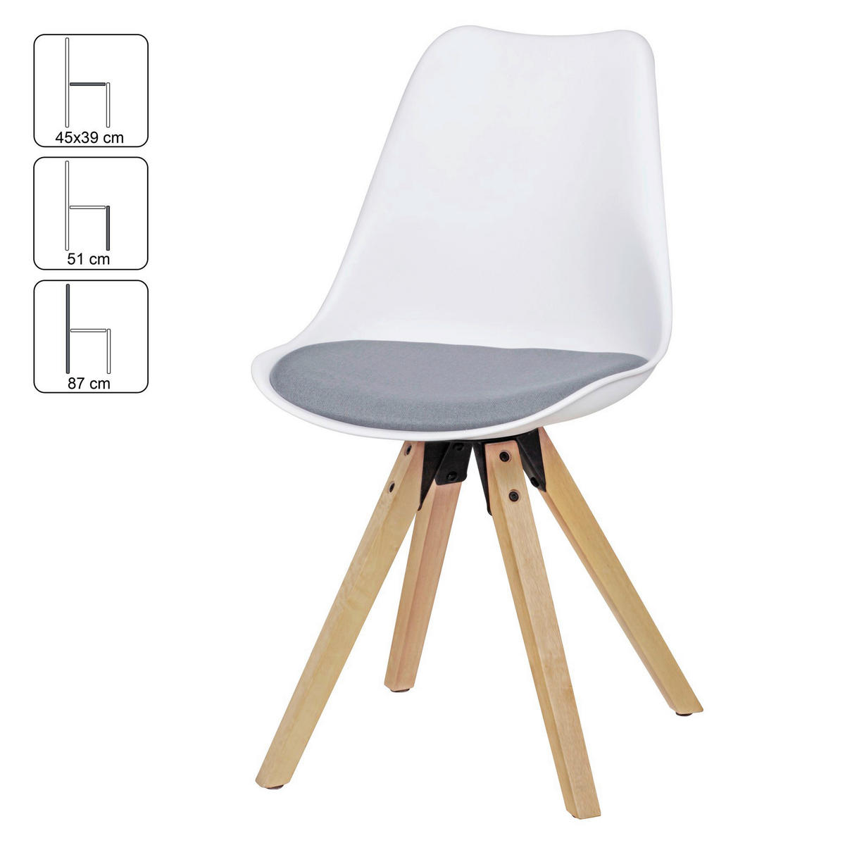Stuhl 2er-Set weiß grau natur Kunststoff Echtholz Leinen B/H/T: ca. 49x87x52 cm 2er-Set - weiß/natur (49,00/87,00/52,00cm) - Wohnling