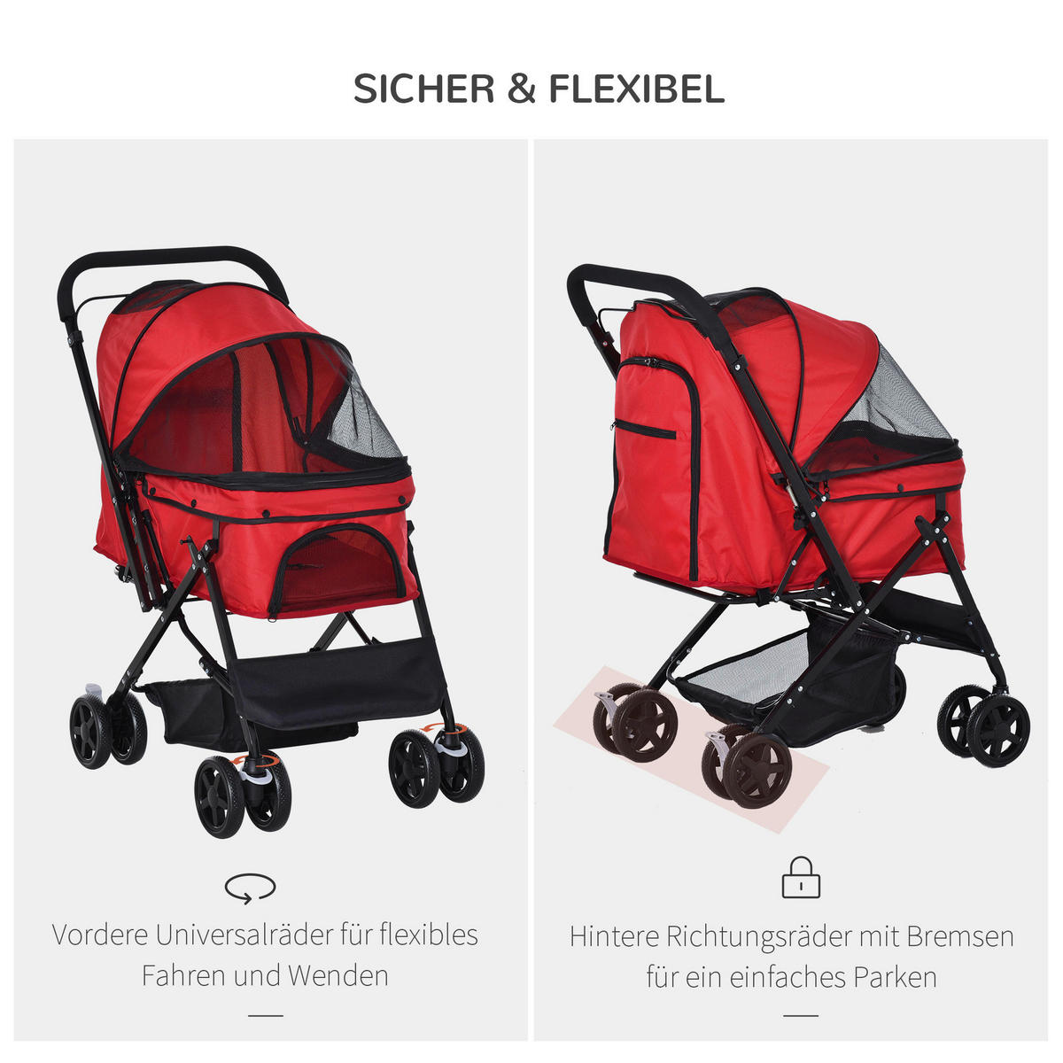 PawHut Hunde-Zubehör rot Polypropylen B/H/L: ca. 52x76,5x95 cm Hundebuggy - rot (95,00/52,00/76,50cm) - PawHut