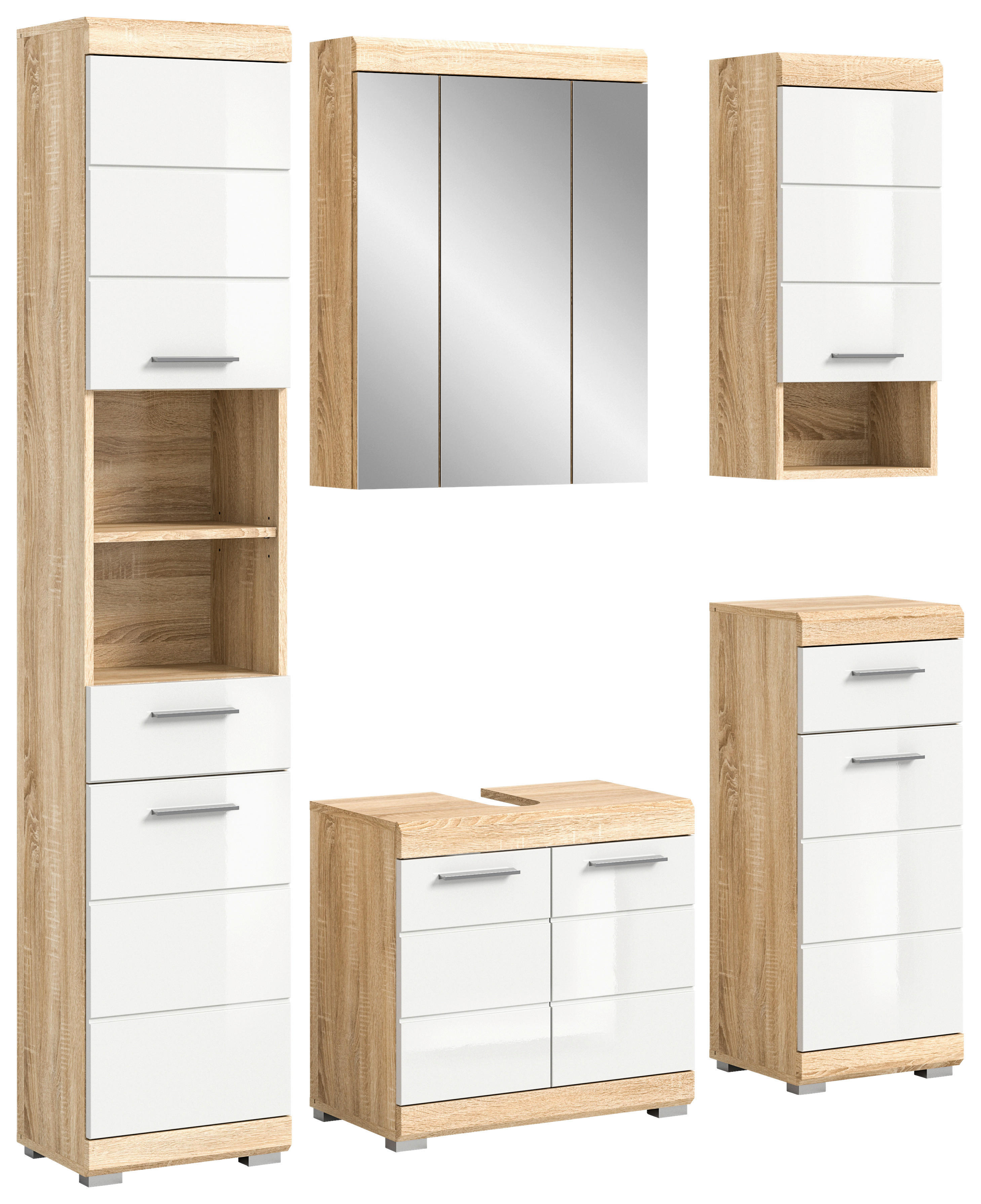 Badezimmer-Set LAMBADA Eiche Sonoma hell Nachbildung weiß Hochglanz B/H/T: ca. 164x191x34 cm LAMBADA - Eiche/weiß (164,00/191,00/34,00cm) - xonox.home